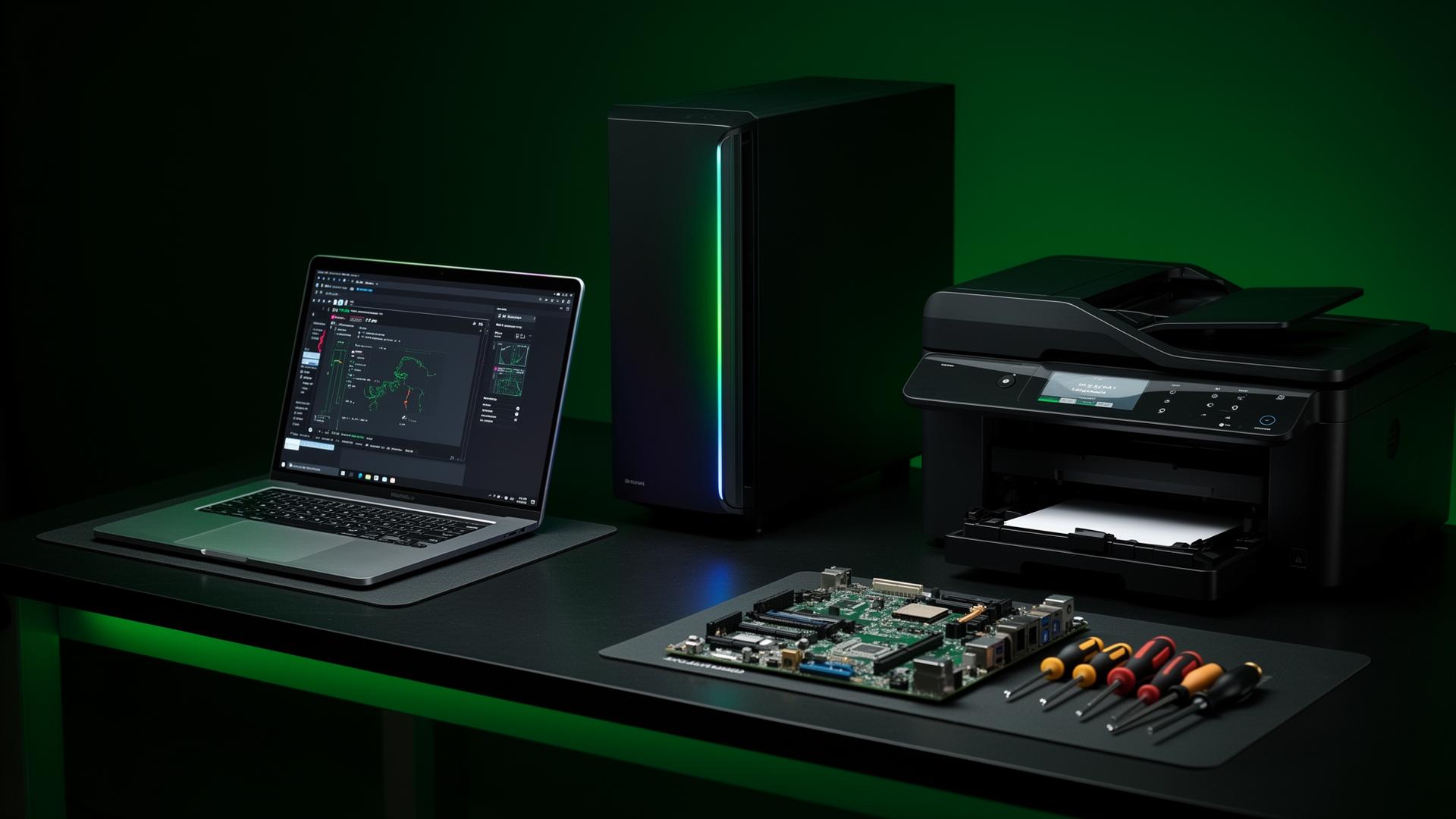 Bancada técnica com notebook, computador desktop e impressora — Clube do Note RJ